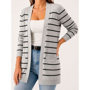 Express Gray Black Striped Open Front Cardigan Sweater Women's Medium